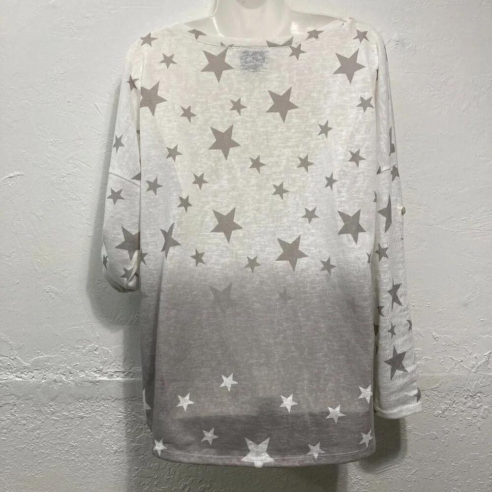 Vecceli Italy Knit Top Long Roll Tab Sleeve Two Tones Stars White High Low Hem - Picture 2 of 10